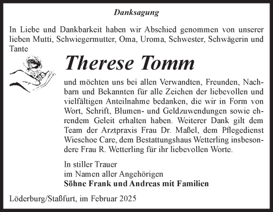 Traueranzeige von Therese Tomm von Volksstimme Staßfurt