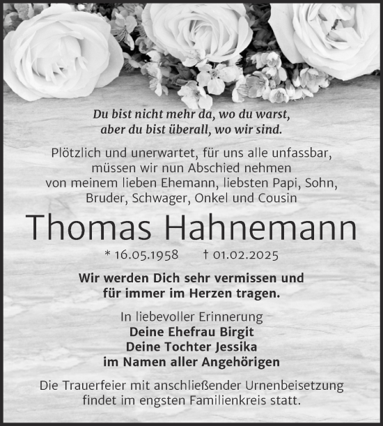 Traueranzeige von Thomas Hahnemann von Trauerkombi Köthen