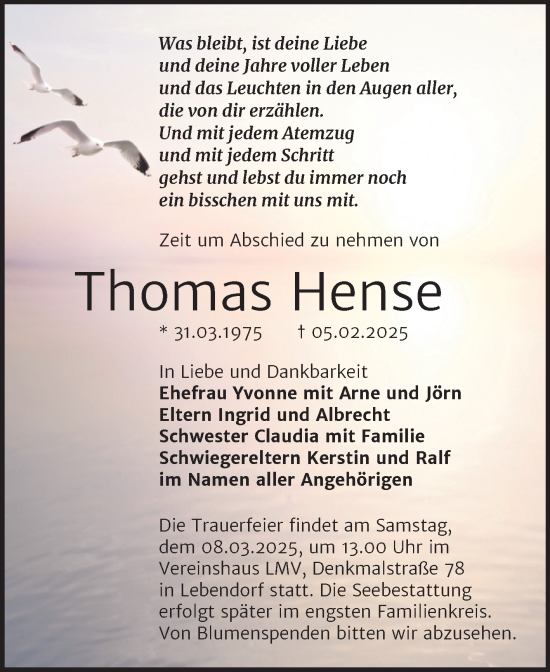 Traueranzeige von Thomas Hense von Trauerkombi Bernburg