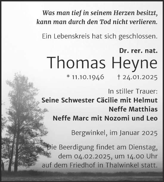 Traueranzeige von Thomas Heyne von Super Sonntag Naumburg/Nebra