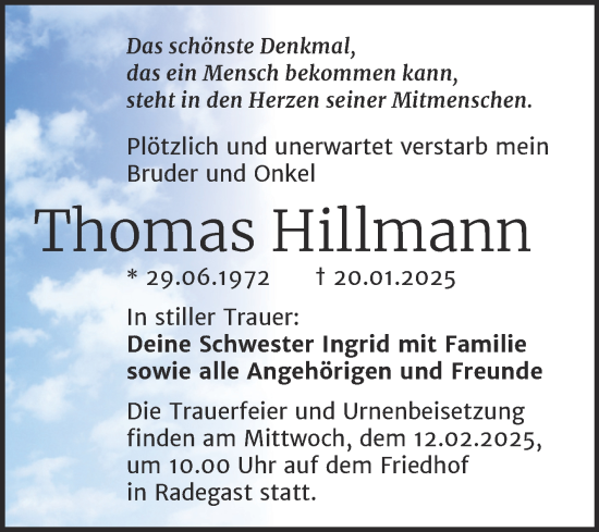 Traueranzeige von Thomas Hillmann von Trauerkombi Köthen
