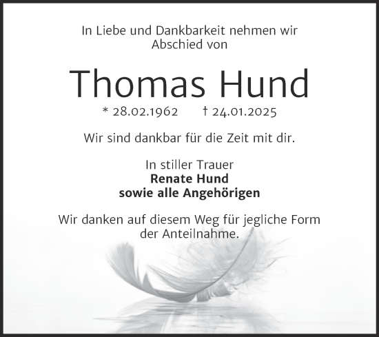 Traueranzeige von Thomas Hund von Trauerkombi Mansfelder Land