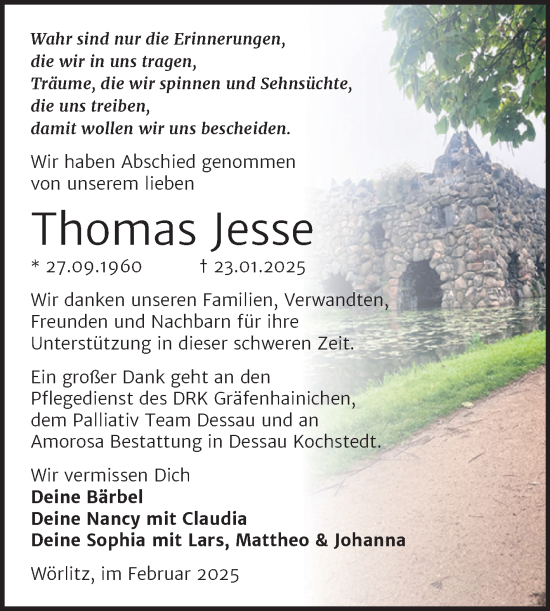 Traueranzeige von Thomas Jesse von Trauerkombi Wittenberg