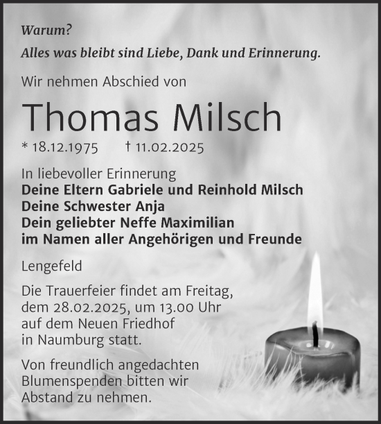 Traueranzeige von Thomas Milsch von Naumburger Tageblatt
