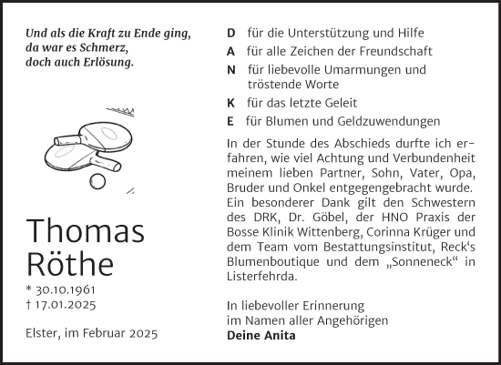 Traueranzeige von Thomas Röthe von Trauerkombi Wittenberg