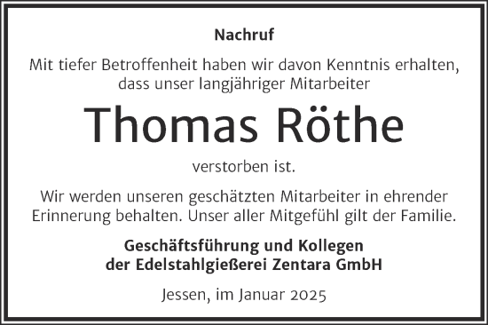 Traueranzeige von Thomas Röthe von Super Sonntag Wittenberg