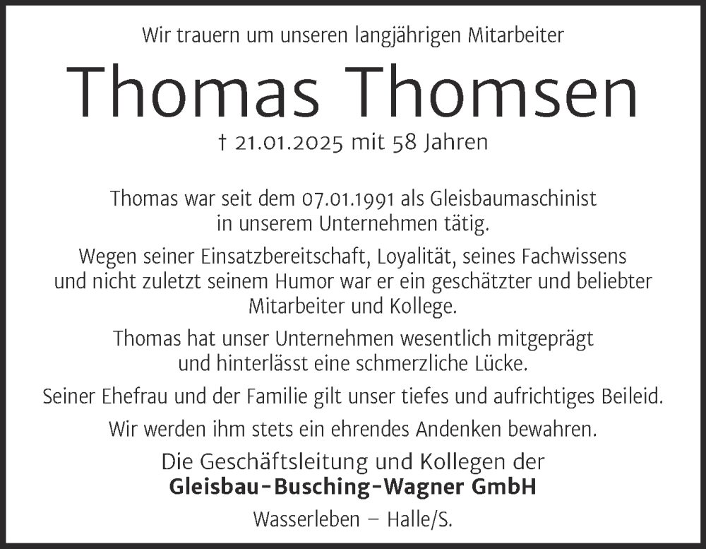  Traueranzeige für Thomas Thomsen vom 01.02.2025 aus Mitteldeutsche Zeitung Bernburg