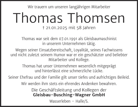 Traueranzeige von Thomas Thomsen von Mitteldeutsche Zeitung Bernburg