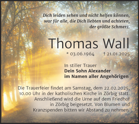 Traueranzeige von Thomas Wall von Trauerkombi Bitterfeld