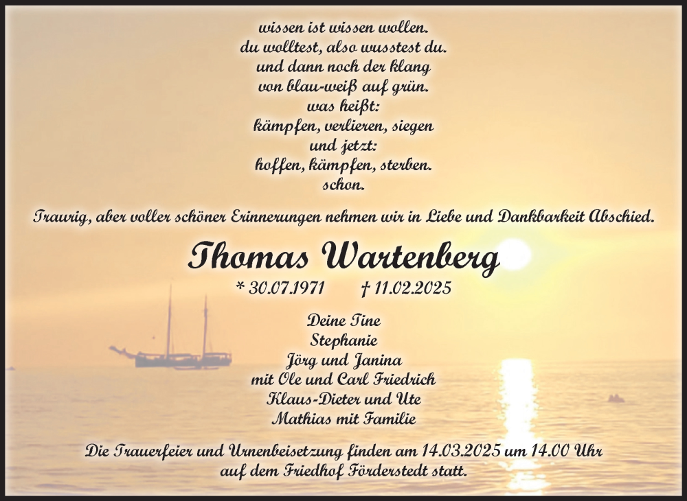  Traueranzeige für Thomas Wartenberg vom 22.02.2025 aus 