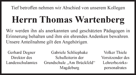 Traueranzeige von Thomas Wartenberg von Volksstimme Magdeburg