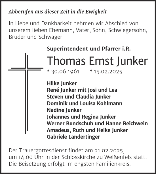 Traueranzeige von Thomas Ernst Junker von Mitteldeutsche Zeitung Weißenfels