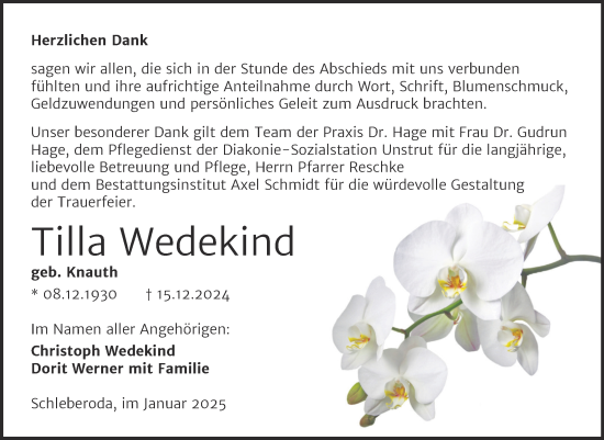 Traueranzeige von Tilla Wedekind von Super Sonntag Naumburg/Nebra