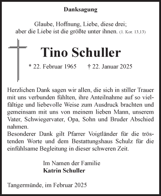 Traueranzeige von Tino Schuller von Volksstimme Altmark Ost