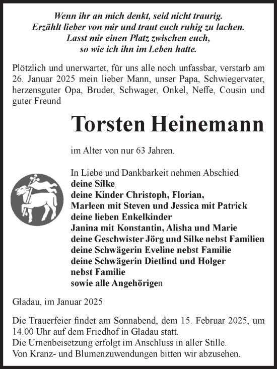 Traueranzeige von Torsten Heinemann von Volksstimme Burg/Genthin
