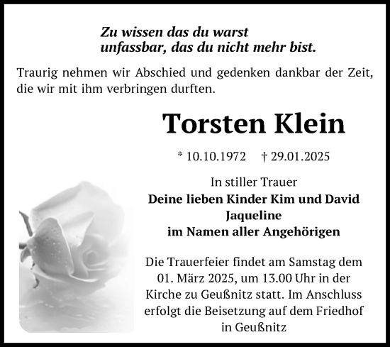 Traueranzeige von Torsten Klein von Trauerkombi Zeitz