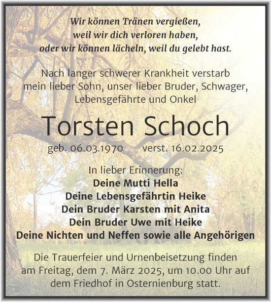 Traueranzeige von Torsten Schoch von Trauerkombi Köthen