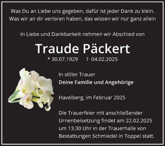 Traueranzeige von Traude Päckert von Volksstimme Altmark Ost