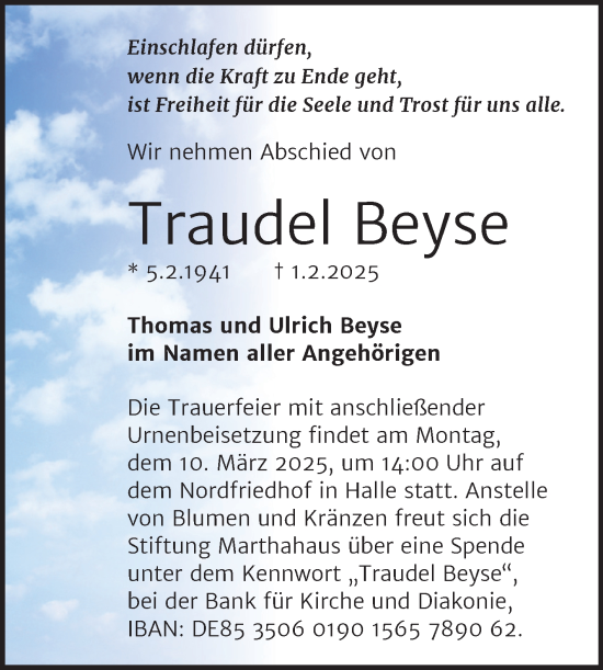 Traueranzeige von Traudel Beyse von Mitteldeutsche Zeitung Halle/Saalkreis