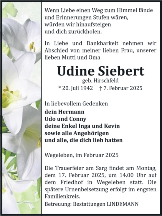 Traueranzeige von Udine Siebert von Volksstimme Halberstadt