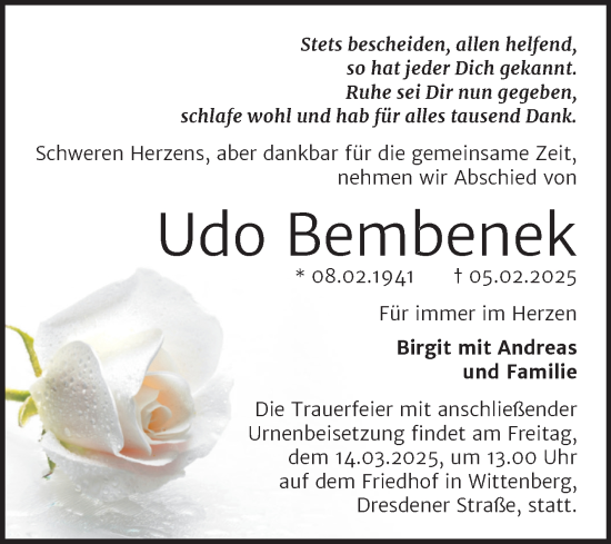 Traueranzeige von Udo Bembenek von Trauerkombi Wittenberg