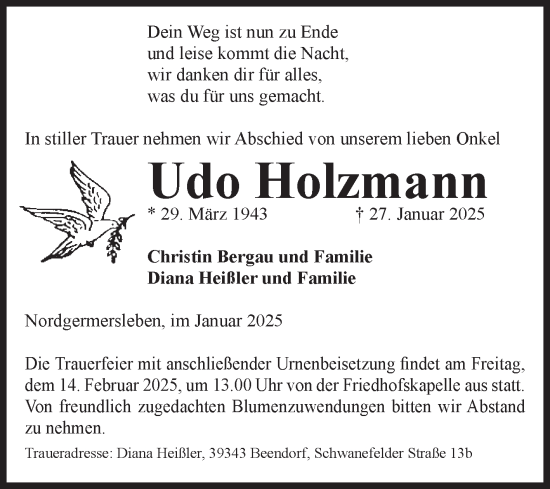 Traueranzeige von Udo Holzmann von Volksstimme Haldensleben/Wolmirstedt