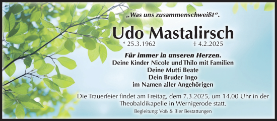 Traueranzeige von Udo Mastalirsch von Volksstimme Wernigerode
