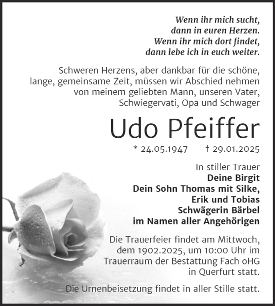 Traueranzeige von Udo Pfeiffer von Trauerkombi Merseburg