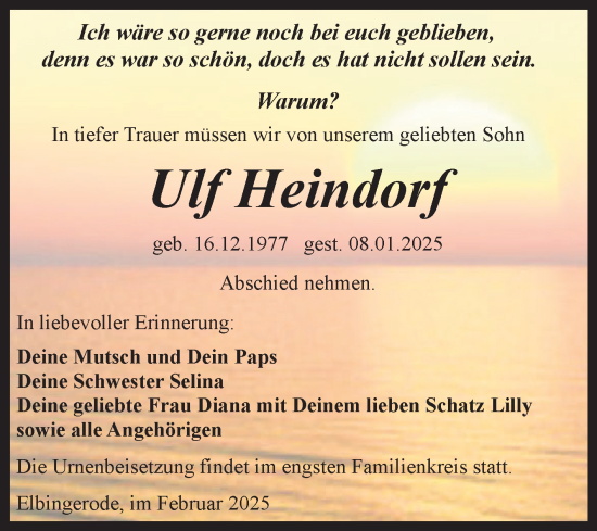 Traueranzeige von Ulf Heindorf von Volksstimme Wernigerode