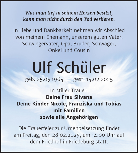 Traueranzeige von Ulf Schüler von Trauerkombi Mansfelder Land