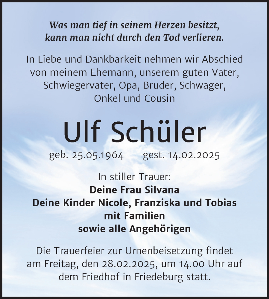  Traueranzeige für Ulf Schüler vom 21.02.2025 aus Trauerkombi Mansfelder Land