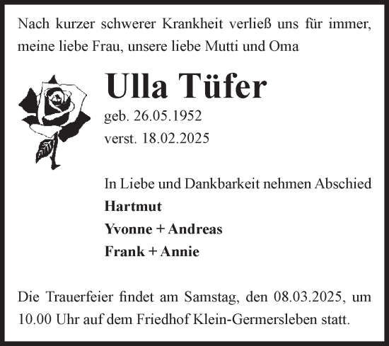 Traueranzeige von Ulla Tüfer von Volksstimme Oschersleben/Wanzleben