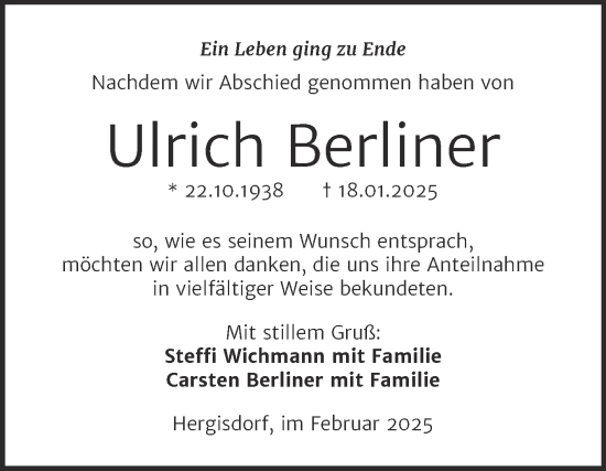 Traueranzeige von Ulrich Berliner von Trauerkombi Mansfelder Land