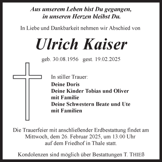 Traueranzeige von Ulrich Kaiser von Mitteldeutsche Zeitung Quedlingburg