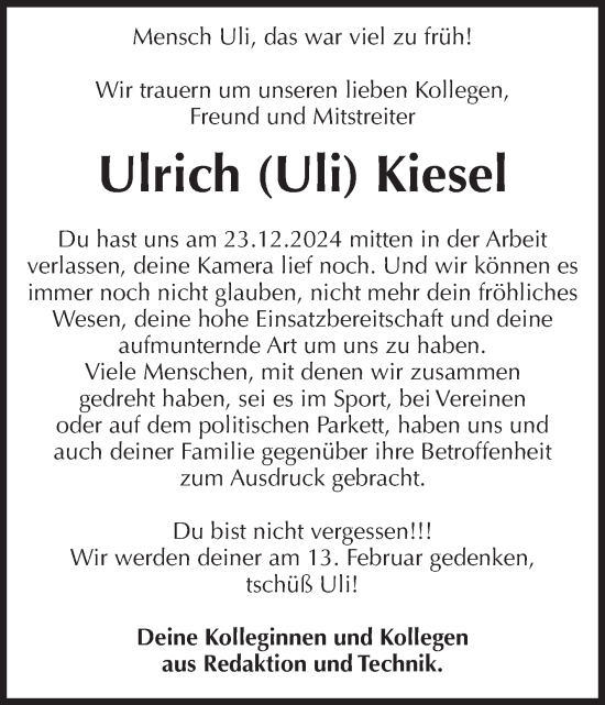 Traueranzeige von Ulrich Kiesel von Volksstimme Magdeburg