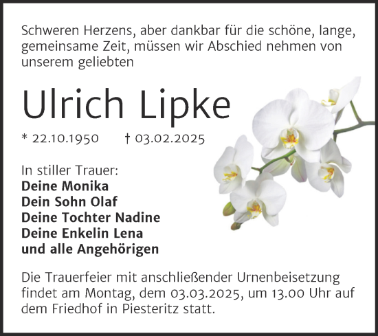 Traueranzeige von Ulrich Lipke von Trauerkombi Wittenberg