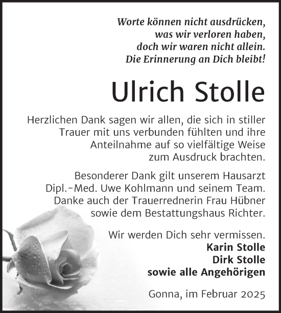 Traueranzeige von Ulrich Stolle von Trauerkombi Sangerhausen