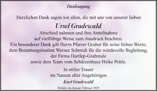 Traueranzeige von Ursel Gradewald von Trauerkombi Quedlinburg