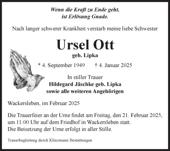Traueranzeige von Ursel Ott von Volksstimme Oschersleben/Wanzleben