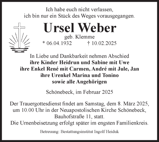 Traueranzeige von Ursel Weber von Volksstimme Schönebeck