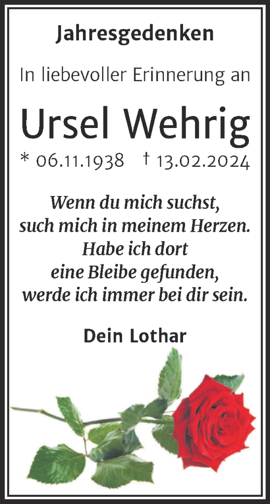Traueranzeige von Ursel Wehrig von Trauerkombi Dessau