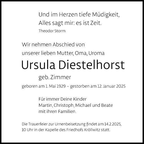 Traueranzeige von Ursula Diestelhorst von Mitteldeutsche Zeitung Halle/Saalkreis