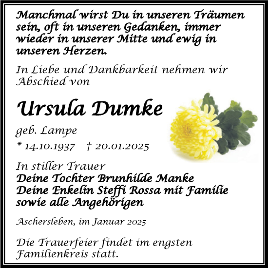 Traueranzeige von Ursula Dumke von Trauerkombi Aschersleben