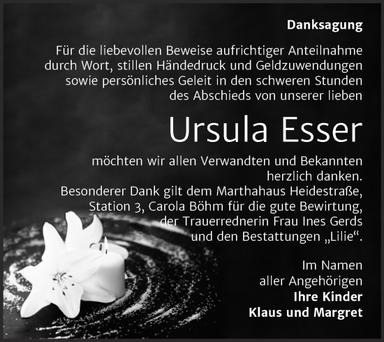 Traueranzeige von Ursula Esser von Trauerkombi Dessau
