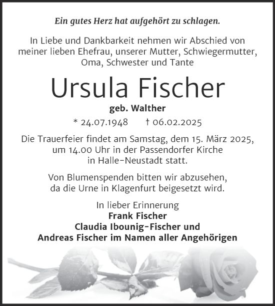 Traueranzeige von Ursula Fischer von Mitteldeutsche Zeitung Halle/Saalkreis