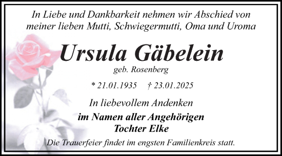 Traueranzeige von Ursula Gäbelein von Trauerkombi Dessau