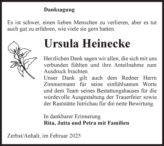 Traueranzeige von Ursula Heinecke von Volksstimme Zerbst