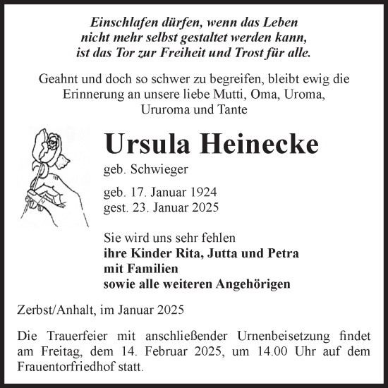 Traueranzeige von Ursula Heinecke von Volksstimme Zerbst