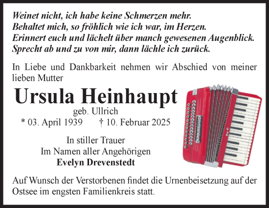 Traueranzeige von Ursula Heinhaupt von Volksstimme Haldensleben/Wolmirstedt