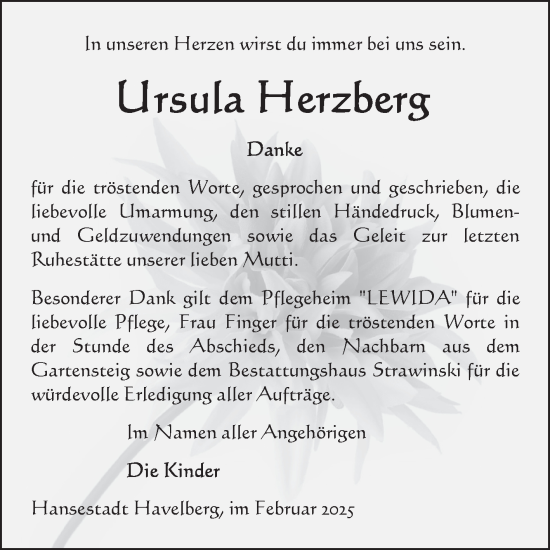 Traueranzeige von Ursula Herzberg von Volksstimme Altmark Ost